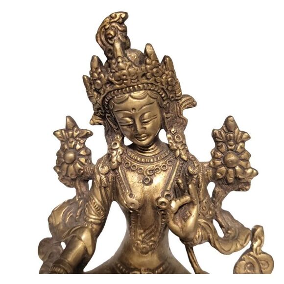Statue Tibetan Of Green Tara Green Deity Buddhist Brass 7385 - Picture 2 of 7